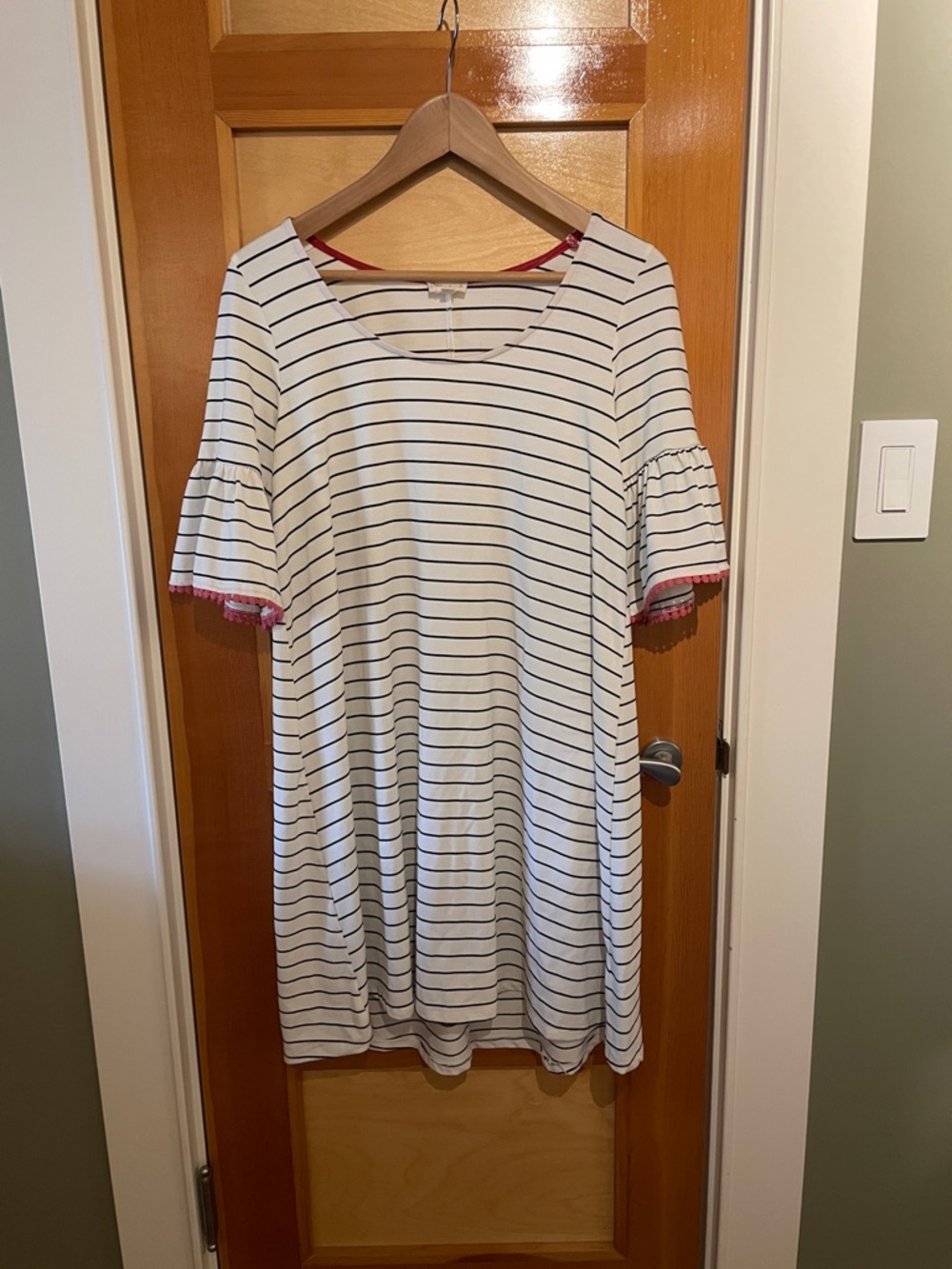 Hem & Thread White and Navy Striped Top with Pink Trim